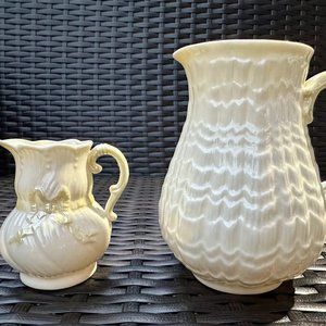 Vintage BELLEEK Limpet Pitcher With Twig Handle&Yellow Ribbon Iridescent Creamer